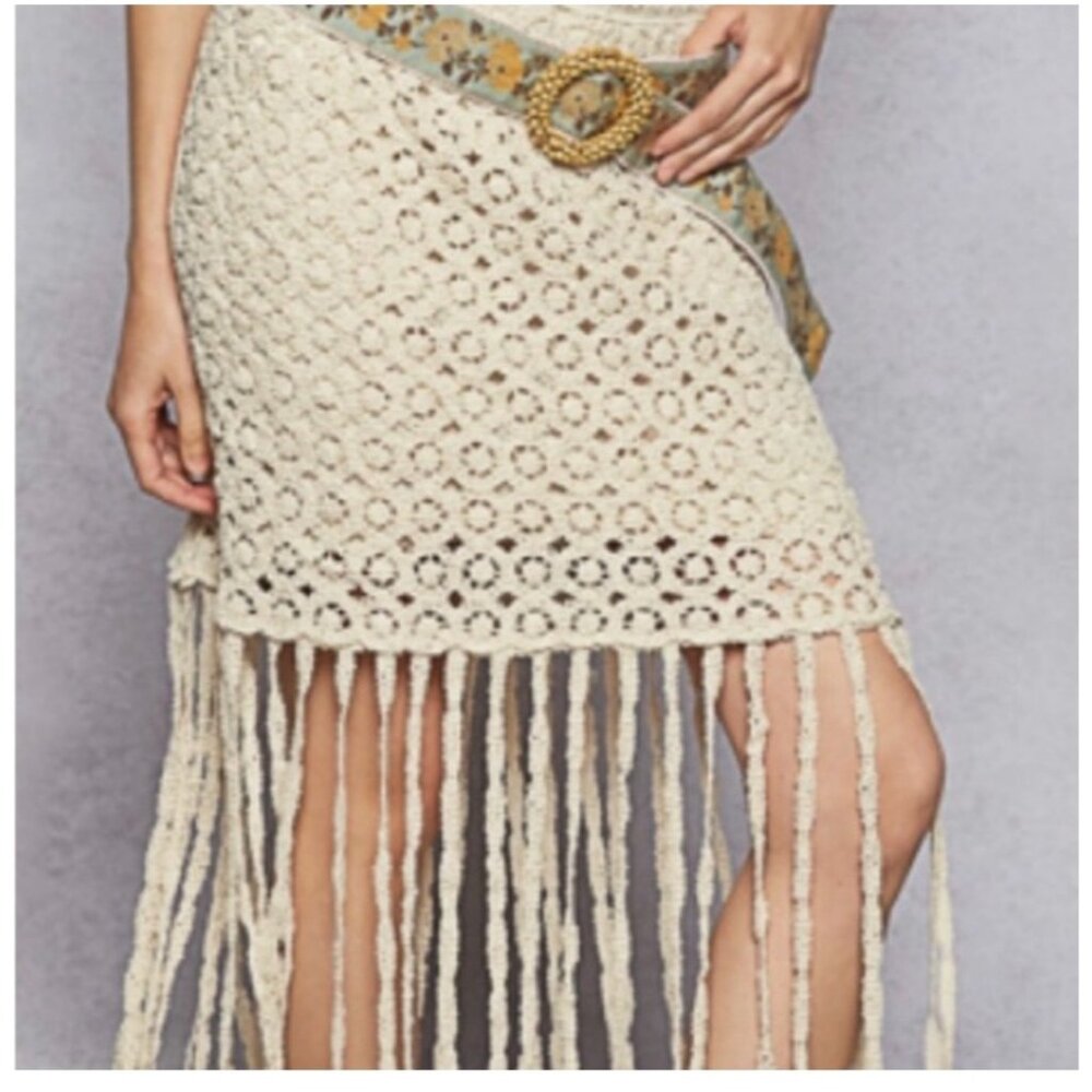POL Cream Crochet Fringe Skirt  One Size Regular Fit 80% Cotton 20% Polyester